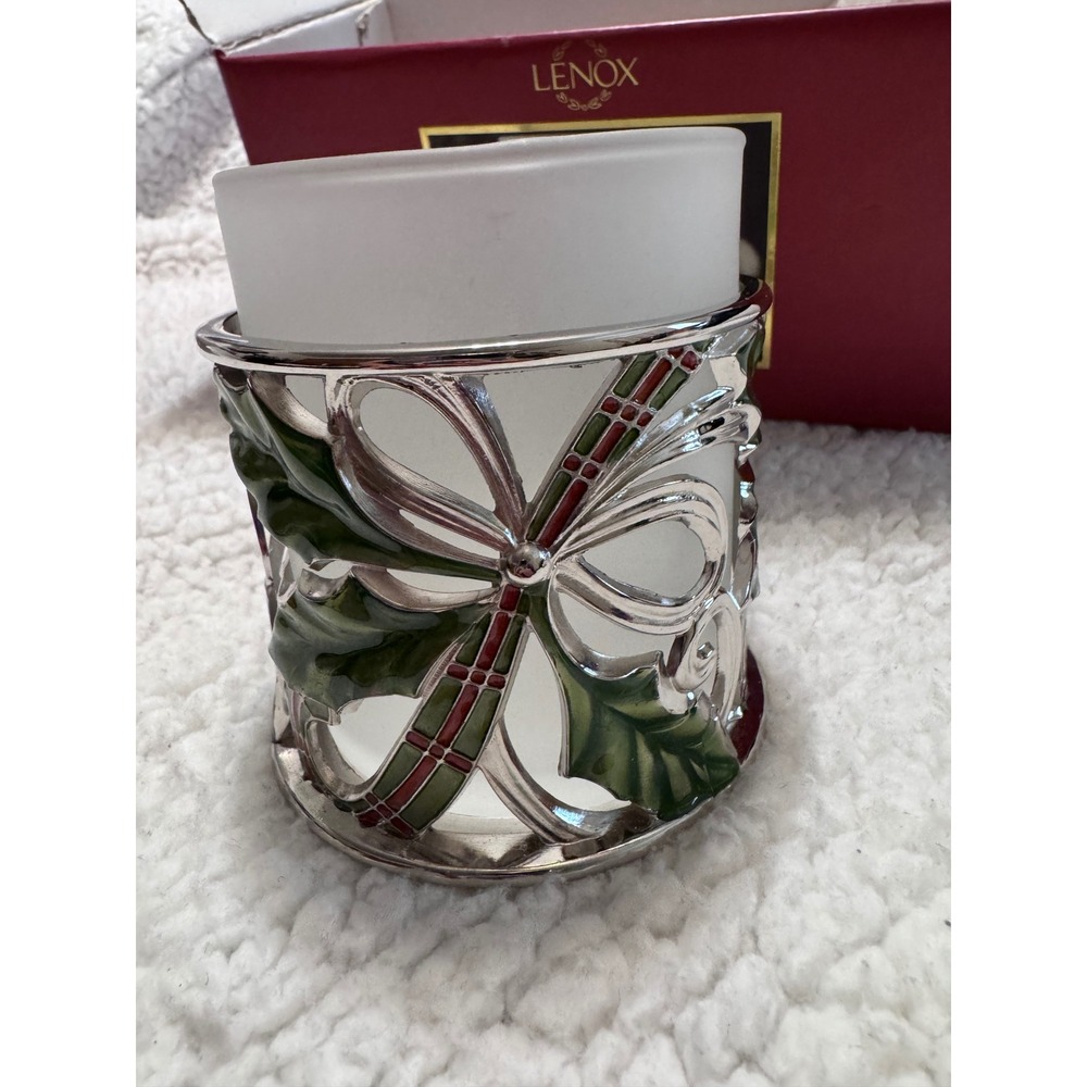 Lenox Holiday Nouveau Votive Silver Plated Pierced Holly Bow Candle Holder NWOT - Picture 5 of 7